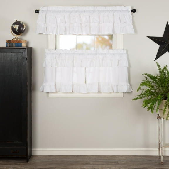 VHC Brands Muslin Ruffled Bleached White 3 PC Curtain Set (1 Valance 16x72 and 2 Tier 24x36)