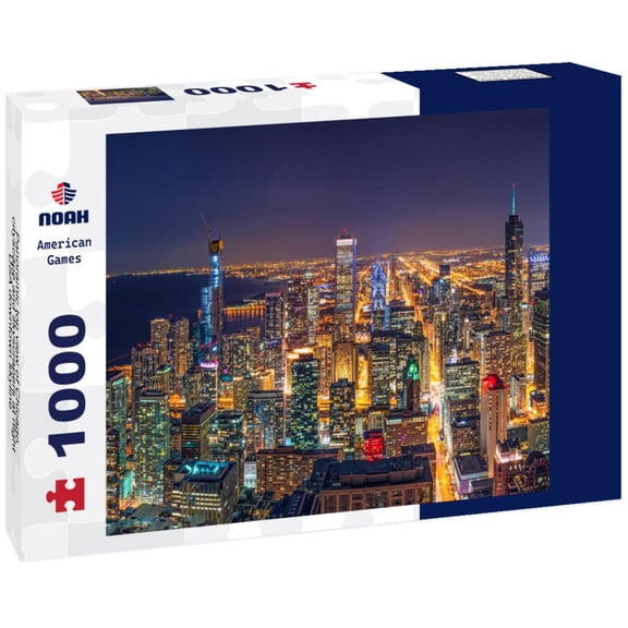 Noah Jigsaw Puzzle Panoramic top view of Chicago cityscape and skyscrapers at night, USA downtown skyline 1000 pieces