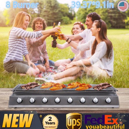 Tabletop Gas BBQ Grill, Height Adjustable, 8-Burner Stainless Steel LPG Gas Grill for Patio Garden