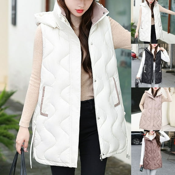 HAPIMO Womens Puffer Vest Sleeveless Zip Up Quilted Coat Stand Collar Gilet Jacket with Pockets Cotton Hoodie Black L