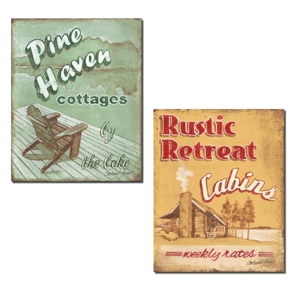 Popular Retro Pine Haven Cottages & Rustic Retreat Cabin Advertisement Signs; Two 11x14in Poster Prints