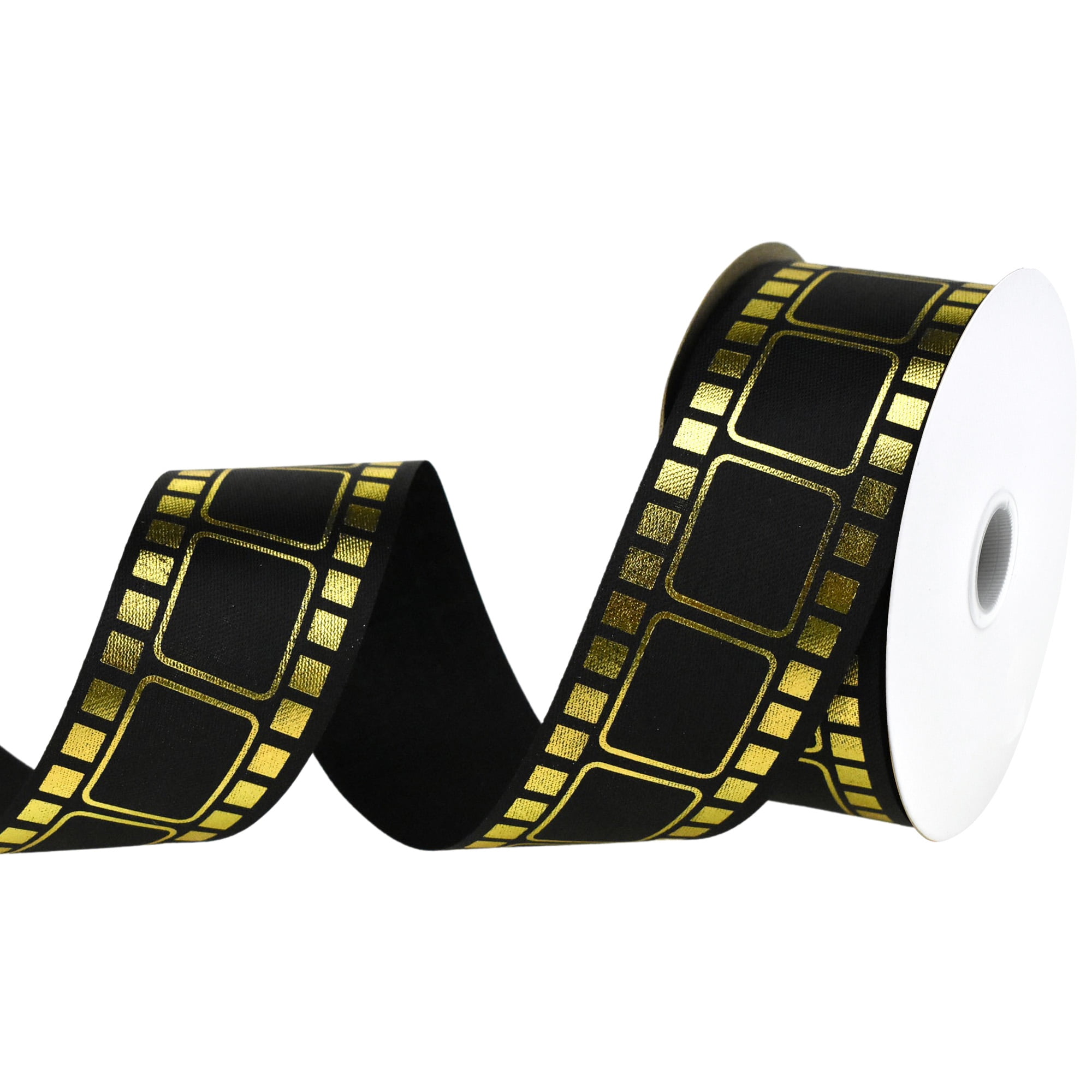 Homeford Movie Film Strip Themed Ribbon, 1-3/8-inch, 25-yard, Black/Gold 
