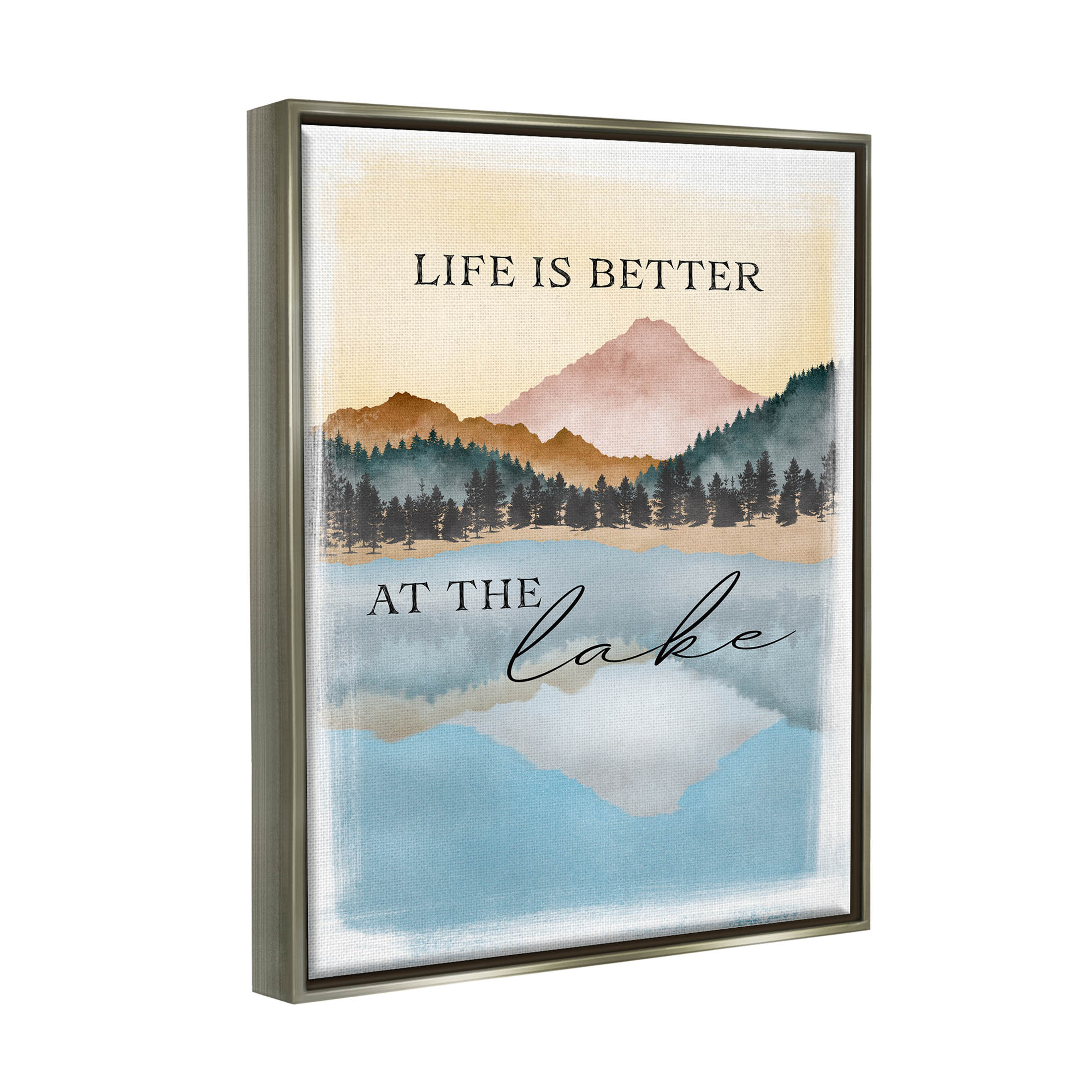 Stupell Industries Better At Lake Phrase Graphic Art Luster Gray Floating Framed Canvas Print Wall Art, Design by JJ Design House LLC