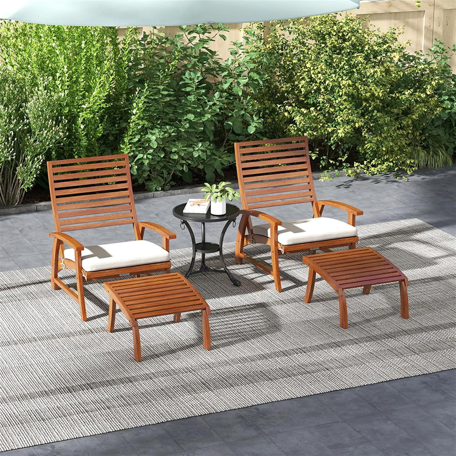 Demi Bonn 4-Piece Outdoor Conversation Set Patio Furniture, 2 Acacia Wood Slatted Chairs with Cushions & Ottomans for Balcony Porch, Brown