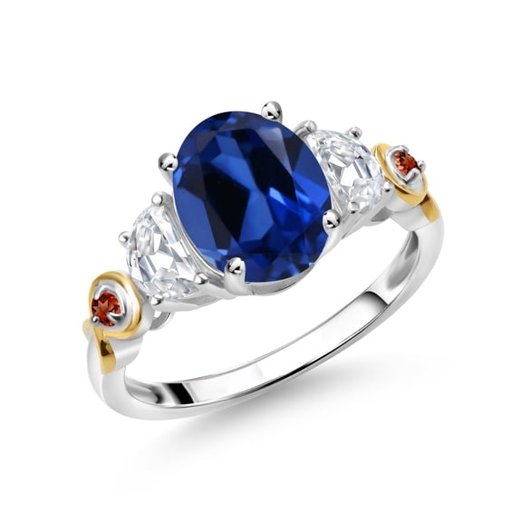 Gem Stone King 925 Silver and 10K Yellow Gold 3-Stone Ring Oval Blue Created Sapphire and Moissanite (2.83 Cttw, Size 7)