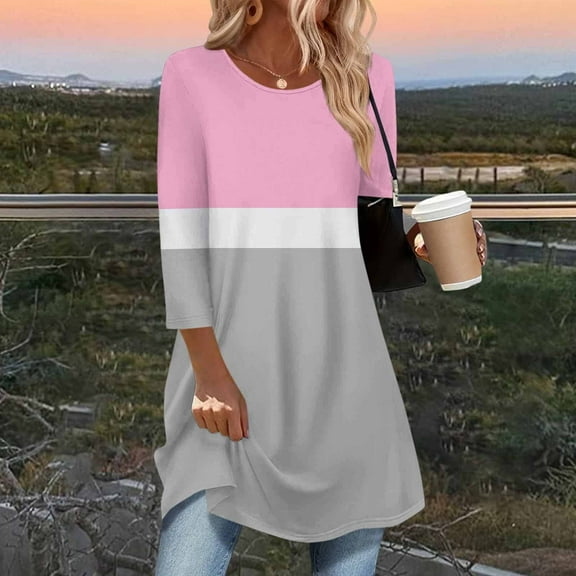 HongQid Women's Long Sleeve Color Block Tunics Long Loose Tops Casual Crew Neck Fall Spring Shirts Blouses
