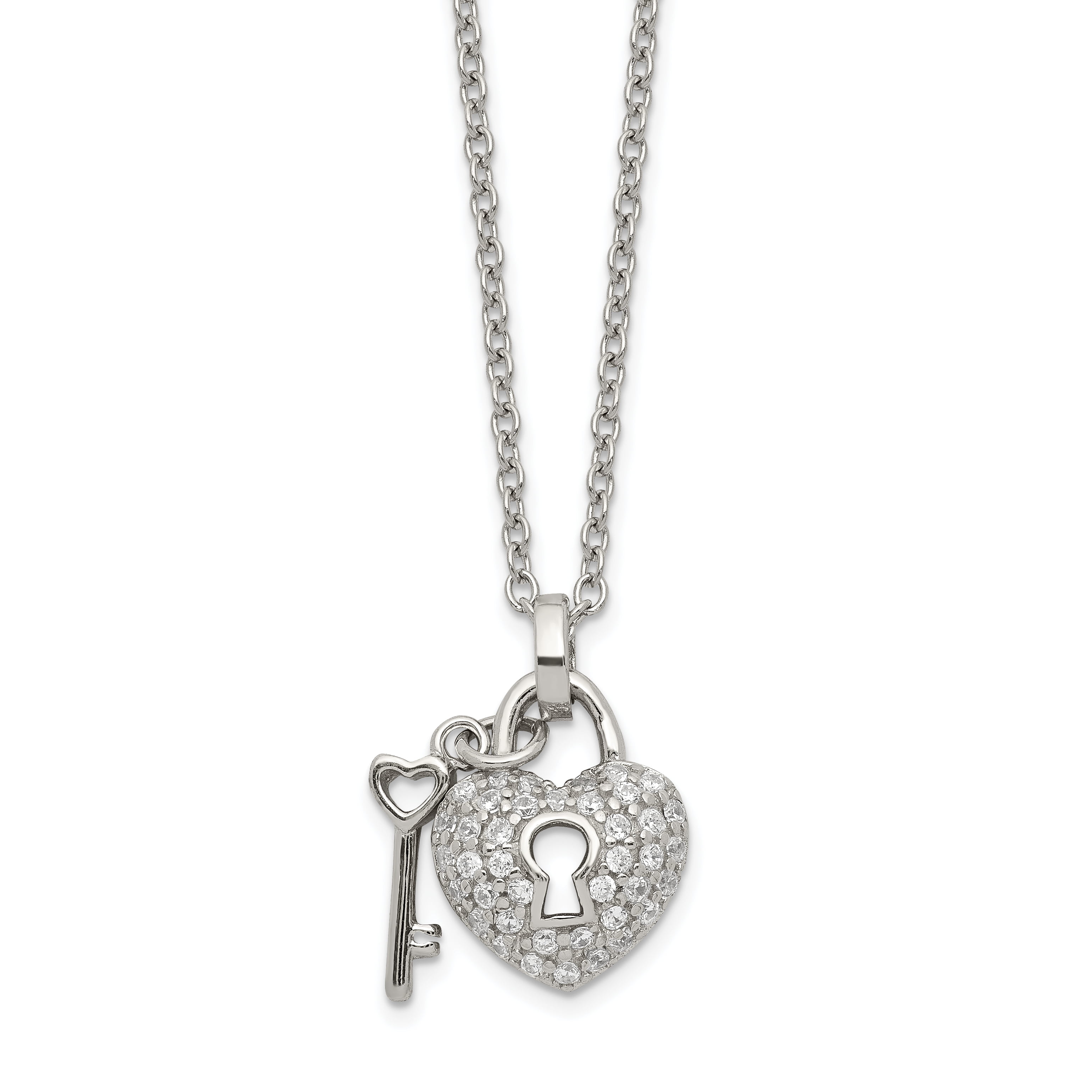 Sterling Silver Heart Key Heart Necklace Cz accents 16 inch chain