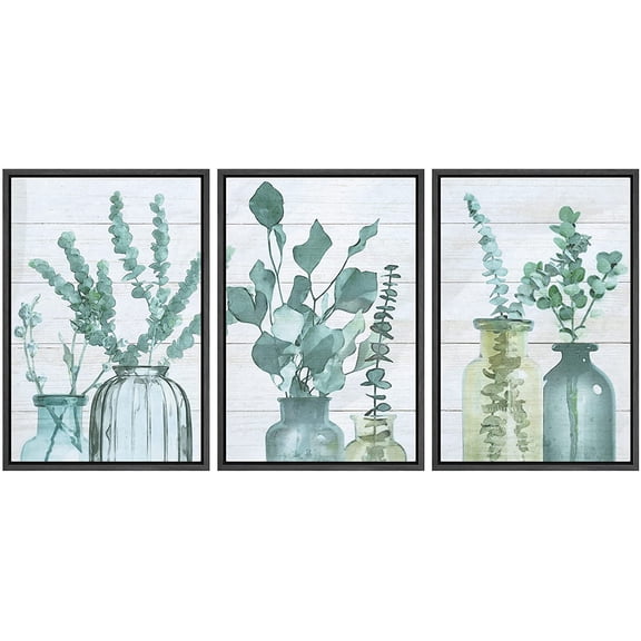 wall26 Framed Canvas Print Wall Art Set Forest Leaf Trio in Bottles Floral Wilderness Watercolor Modern Art Chic Group Relax/Calm Multicolor Pastel for Living Room, Bedroom, Office - 16"x24"