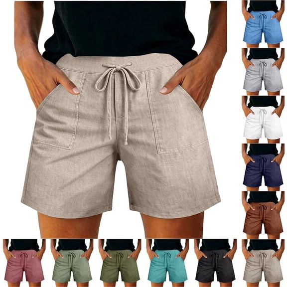 Womens Shorts 2026 Comfy Summer Drawstring High Waist Cotton Shorts with Pockets for Women Trendy by Yigetop Beige L