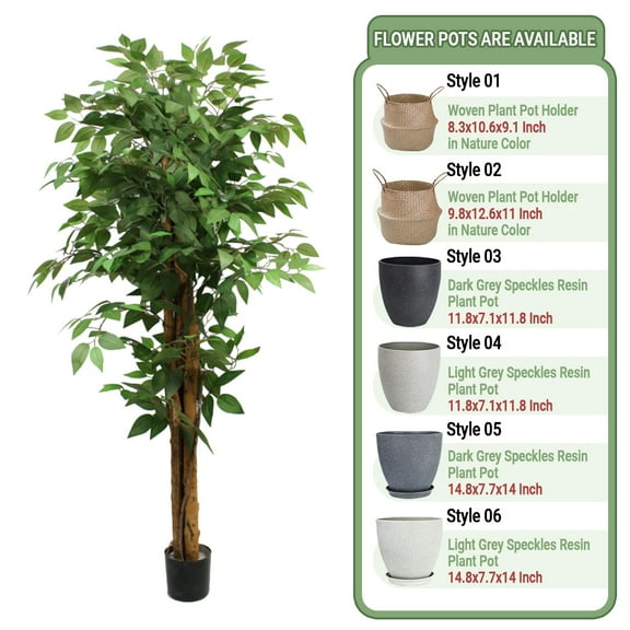 Colourtree 59" Artificial Ficus Tree with Natural Wood Trunk, Silk Fake Ficus Tree in Plastic Nursery Pot, Faux Plant for Office Home, Indoor Outdoor Decor - Pot Style 01