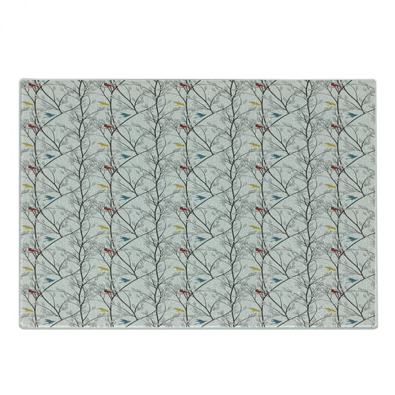 Birds Cutting Board, Spriggy Forest Trees with Leaves and Flying Burgundy Blue and Mustard Swallow Birds, Decorative Tempered Glass Cutting and Serving Board, in 3 Sizes, by Ambesonne