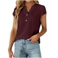 thumbnail image 2 of WREESH Women's Henley Shirt Casual Tops with Solid Blouses and Button Short Sleeve V-Neck T-Shirt in Solid Color Wine, 2 of 6
