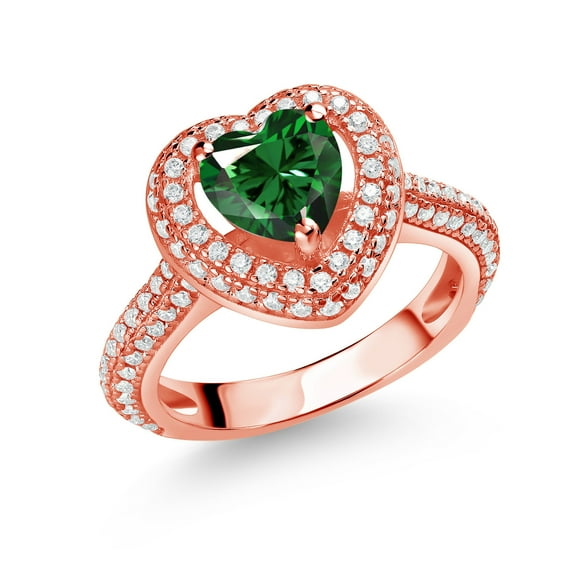 Gem Stone King 18K Rose Gold Plated Silver Green Nano Emerald and White Moissanite Heart Shape Ring for Women (1.32 Cttw, Size 7)