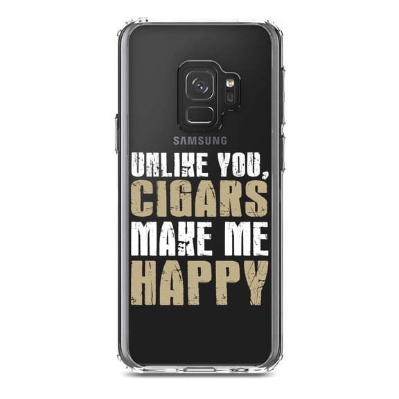 DistinctInk Clear Shockproof Hybrid Case for Samsung Galaxy S9 (5.8" Screen) - TPU Bumper Acrylic Back Tempered Glass Screen Protector - Unlike You, Cigars Make Me Happy