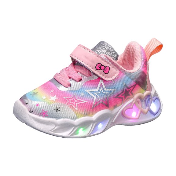 Toddler Girls Platform Light Up Sneakers Glitter Non Slip Cute Star Print Slip on Tennis Shoes with Hook and Loop Pink