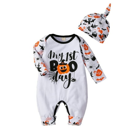 

AMILIEe Infant Baby Boys Girls Suit Set halloween Suit Set Patterns Print Round Neck Long Sleeve Romper+ Hat