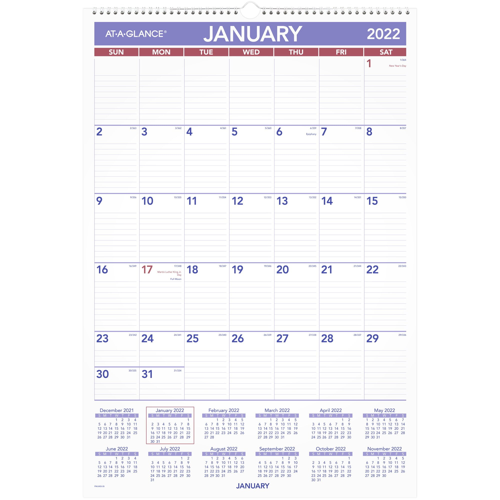 At-A-Glance Erasable Monthly Wall Calendar, 15 1/2" X 22 3/4", January 2022 To December 2022 - Pmlm032822 - Walmart.com