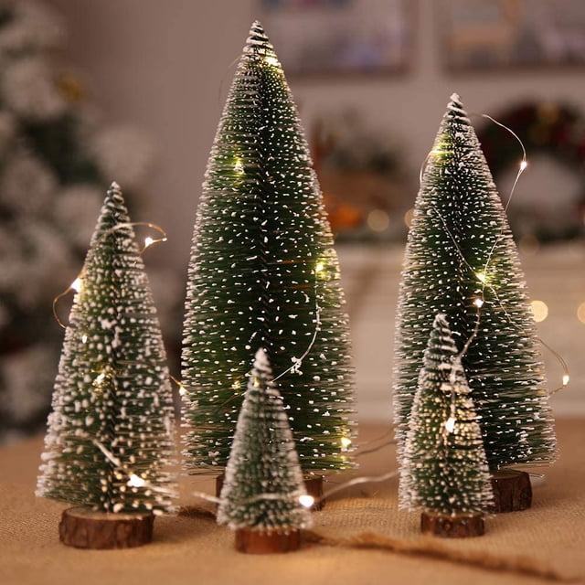 Small Christmas Tree, Valentines Day Decor, Mini Christmas Tree Set, Desktop Small Pine Tree with Wood Base, Christmas Tree Decoration , Ornament for Valentines Day 5 Trees+1 LED String Light