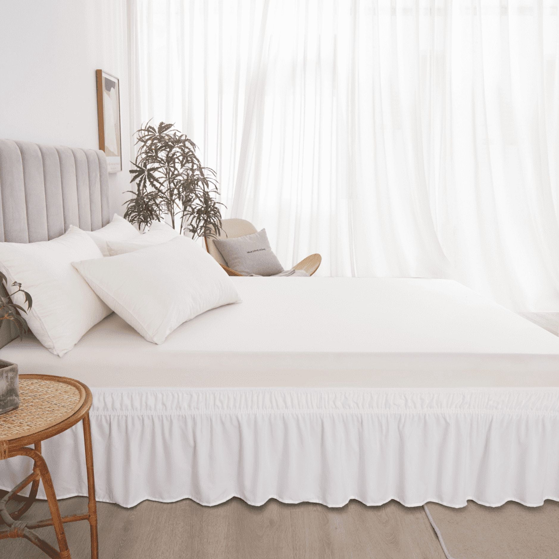 suxuMhao Bed Skirt Queen Size, 60*80+18inch Elastic Wrap Around Bed Skirt, Solid Color Easy Fit Dust Ruffle, Soft Microfiber & Polyester Bed Skirt, Machine Washable, 1 Piece White