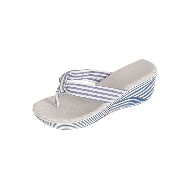 Wedge Heel Flip Flops for Women, Striped Print Fish Mouth Sandals with Non-Slip Sole and Breathable Lining, 6 cm Heel, Casual Summer Shoes