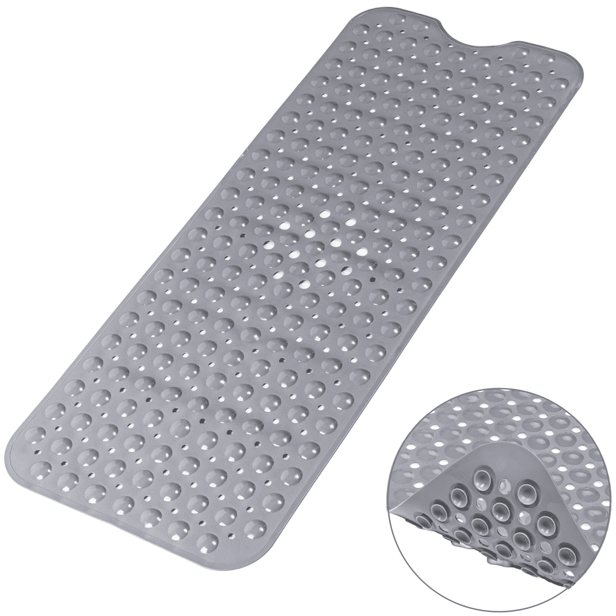 Gogcaro Bath Tub Shower Mat, 40" x 16" Extra Long Shower Mats with Suction Cups & Drain Holes, Machine Washable, Non Slip, Gray