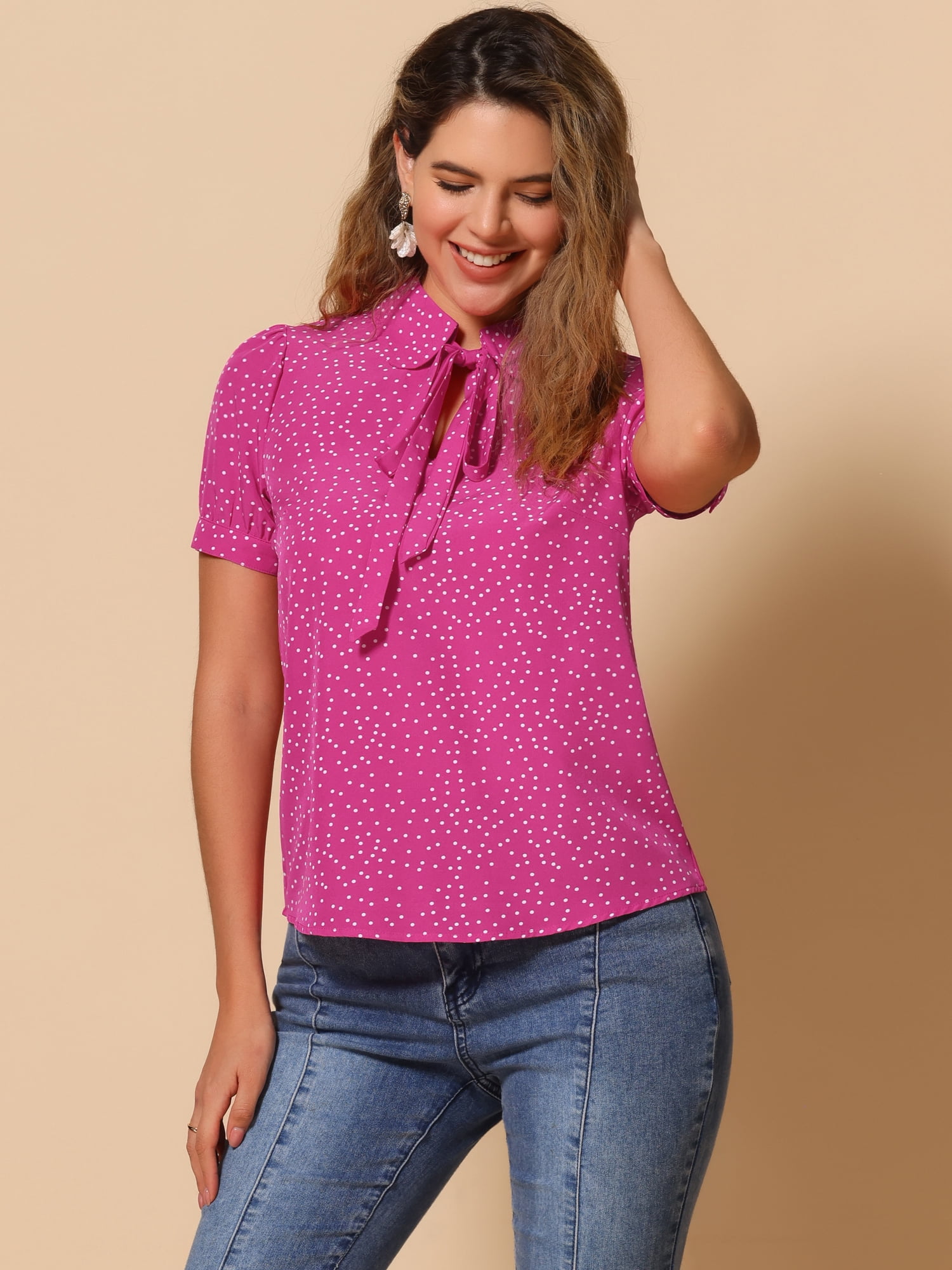 DARING DIVA Women's Polka Dots Tie Bow Chiffon Blouse M Hot Pink
