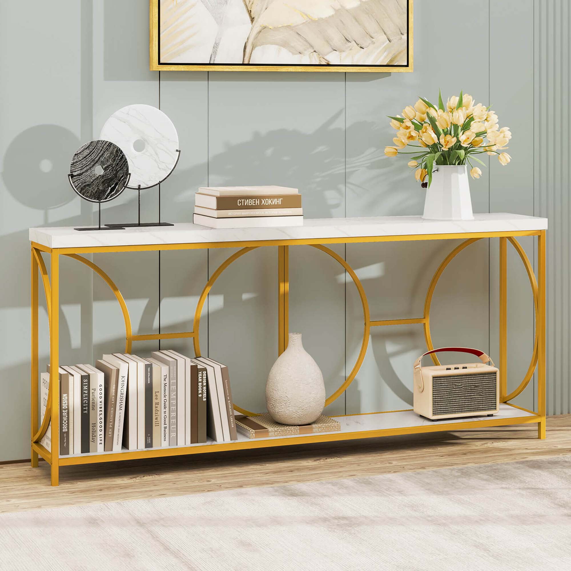 Costway 2-Tier Faux Marble Top Console Table 71" Narrow Console Table for Entryway