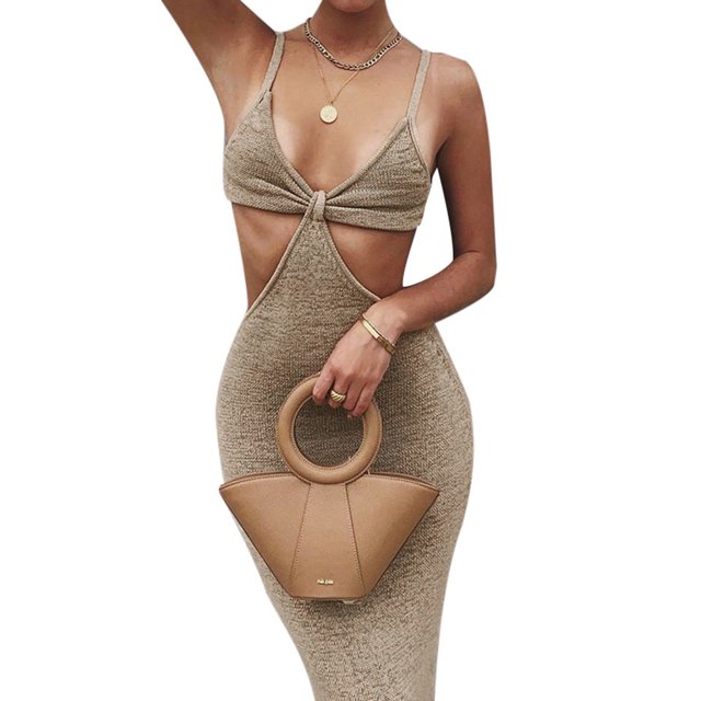 Gupgi Womens Solid Color Hollow Backless Tight Suspender Long Dress