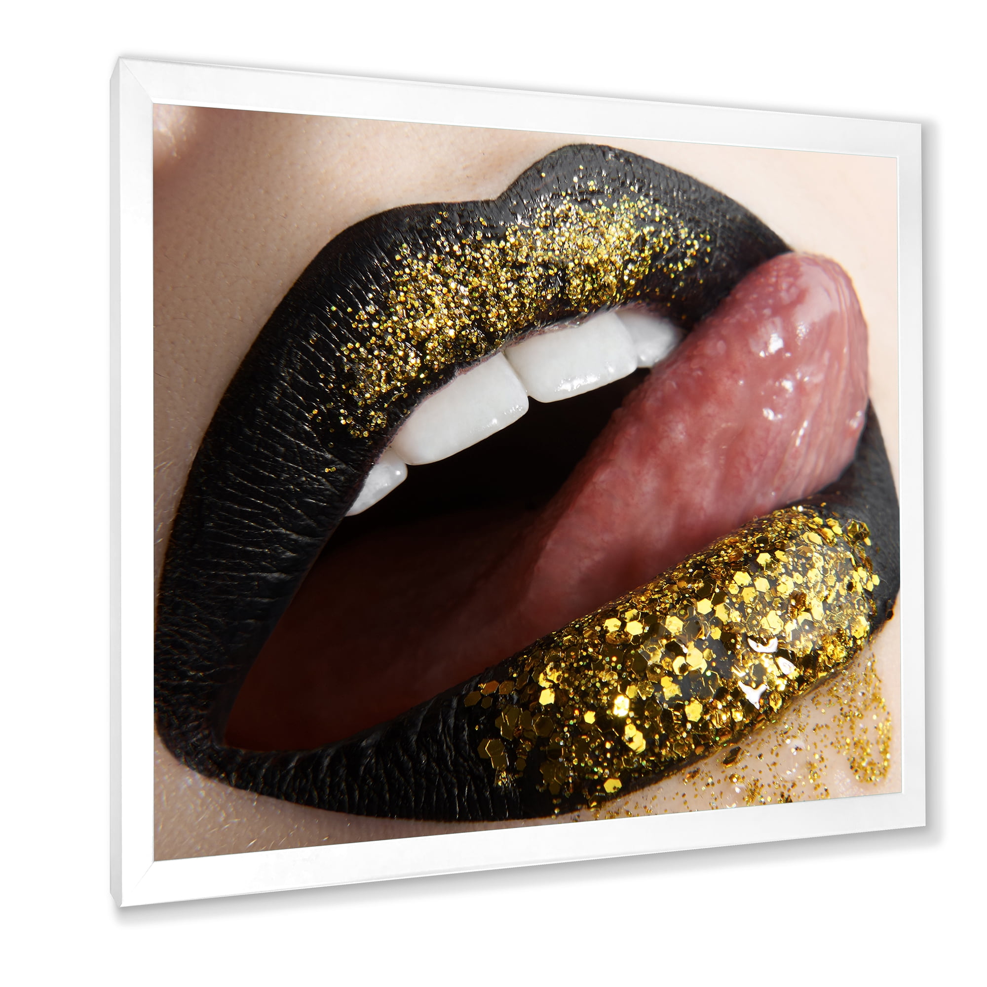 Designart 'Woman Lips Black Lipstick and Gold Sequins' Modern Framed Art Print