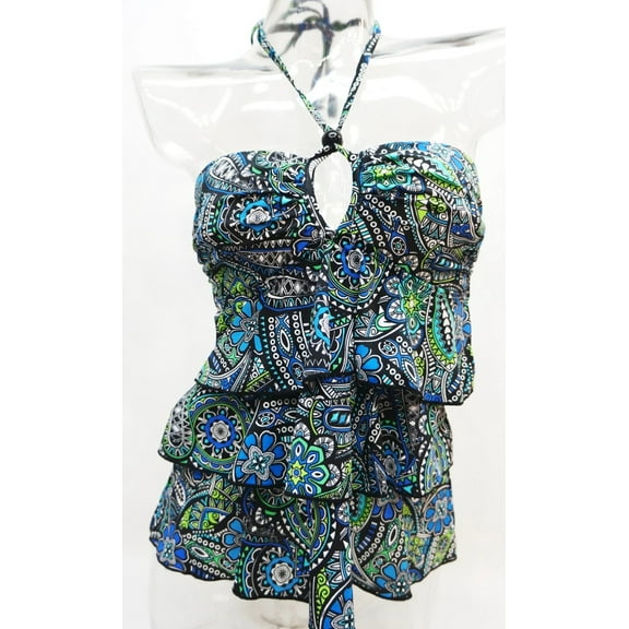 A Shore Fit Tropical Floral Tiered Tummy Slimmer Halter Tankini Top Swimwear Women's 6