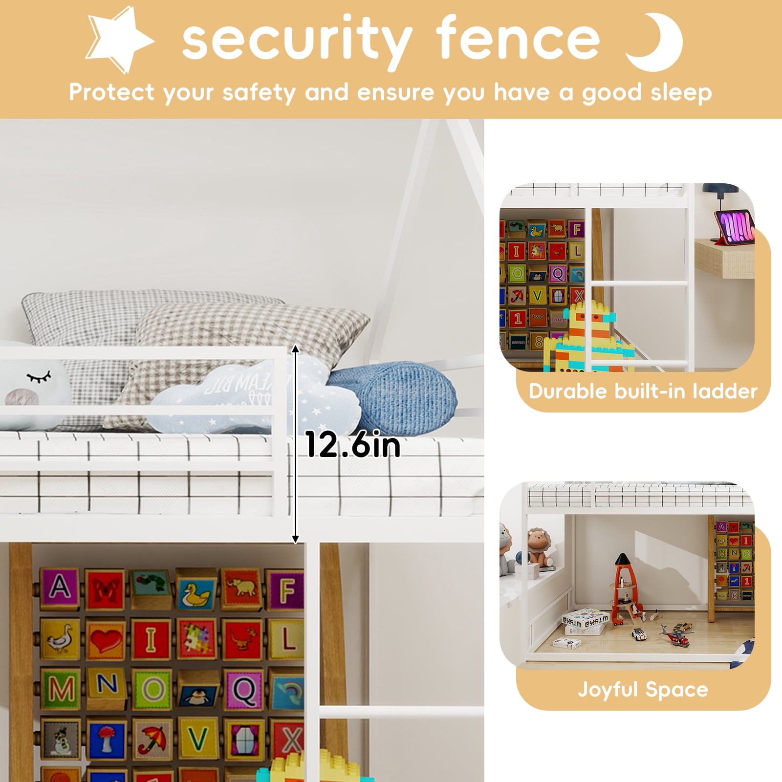Miniyam Twin Size Metal Loft Bed with Safety Guardrails for Kids, White
