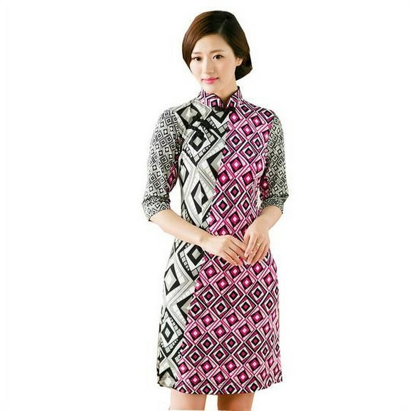 Women Special 1/2 Long Sleeve Modern Mandarin Chinese Cheongsam Qipao Sheath Short Dress ( Pink asymmetric prints )