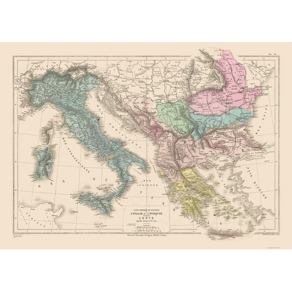 Historic Map - Italy Turkey Greece - Drioux 1882 - Vintage Wall Art
