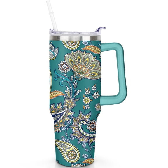 40oz Paisley Tumbler Hot Cold Preservation with Handle, Leak Proof Vacuum Insulated Stainless Steel Travel Mug with Flip Straw Lid