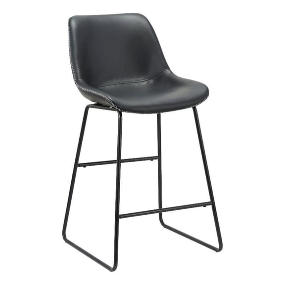 Benjara 26" Counter Height Chair (Set of 2)- Black Faux Leather- Sled Legs