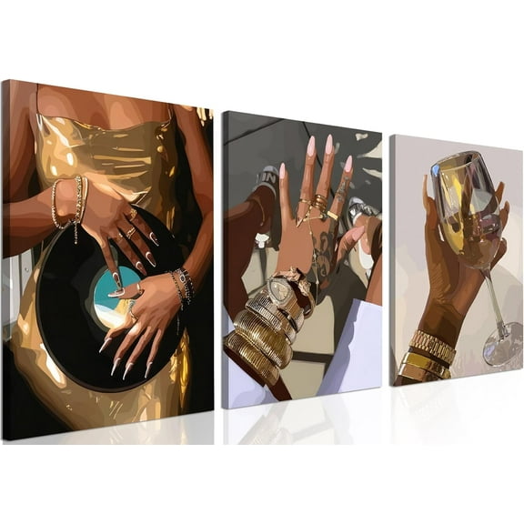 Black Girl Wall Art Set of 3, Gold African American Woman Wall Decor Painting Black People Canvas Poster Prints Pictures Aesthetics for Living Room Bedroom Dorm 16x24 inch