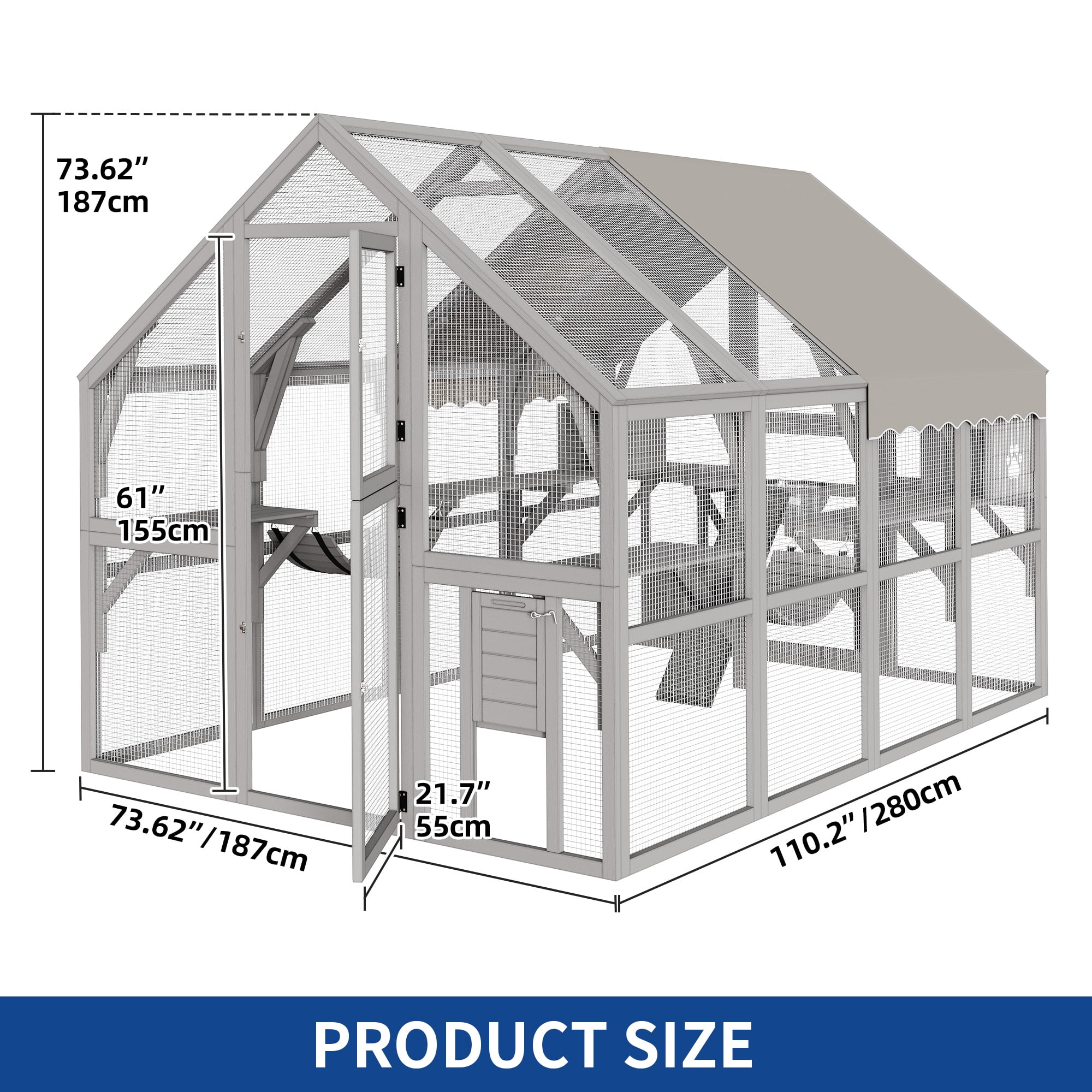 Uforic 110" Catio Outdoor Cat Enclosure Large Wooden Cat House with with Weatherproof Roof, Cat Scratcher Ramp, Space Capsule Bed, 2 Bridges, 2 Resting Houses, 7 Platforms for Multiple Cats