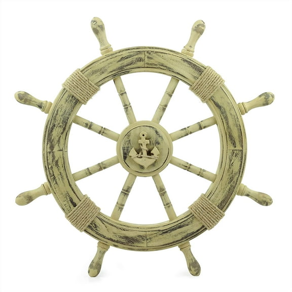 Nagina International 24" Antique Rustic Brown Nautical Ship Wheel With Anchor | Luxurious Premium Nautical Decor