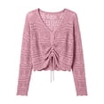 thumbnail image 4 of Ke1Clo Summer Tops for Women Boho Knitted Hollow Out V Neck Long Sleeve Tie Front Shirt Casual Loose Crop Beach Cover Up Pink Free Size, 4 of 7