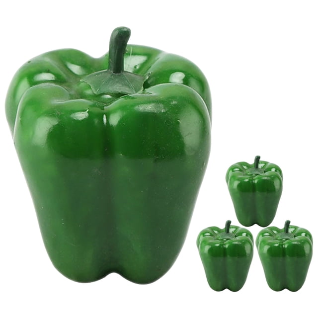 4 piezas de modelos de pimiento verde simulado, espumas. Vista frontal con un pimiento grande en primer plano y tres mini pimientos a la derecha; formas acampanadas con tallos cortos, acabado liso y brillo superficial; tamaño aprox. 9.00 x 7.00 x 7.00 cm. Adecuado para decoración de hogar, escaparates, fotografía o enseñanza.