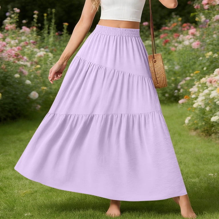 RYDCOT Womens Casual Summer Maxi Dress Long Skirt Dress A-Line Flared  Tiered Midi Skirt with Pockets Purple - Walmart.com