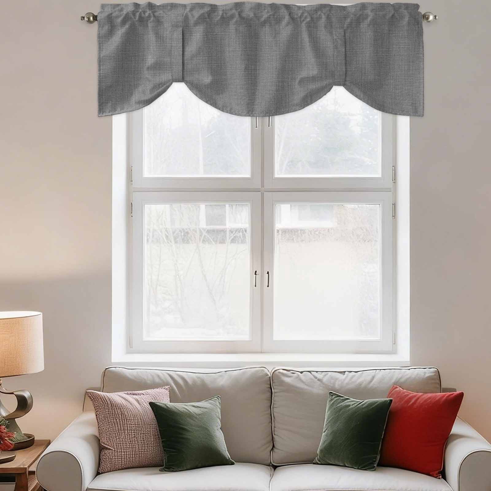Vintage Dark Gray Tie Up Valance Curtains for Windows, Kitchen Curtains Window Treatments, Farmhouse Retro Solid Color Linen Texture Short Window Shades Valances for Bedroom Bathroom Cafe 42"x18"
