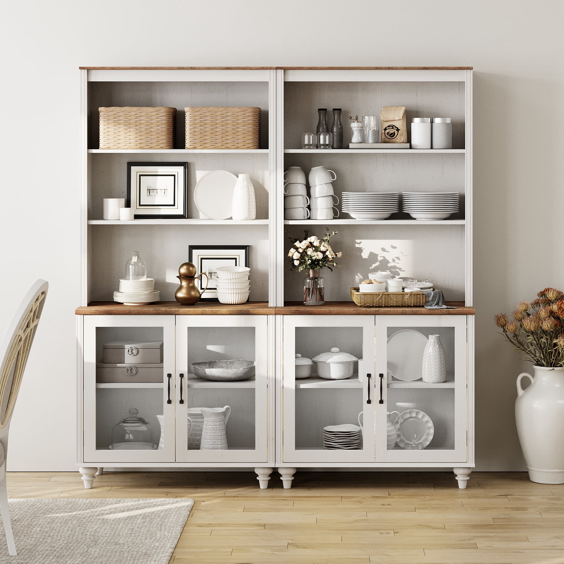 Farmhouse White Sideboard Credenza with Glass Doors, Drawer & Bookshelves, Buffet Cabinet Storage Cabinet for Living Room, Bedroom, Dining Room, Holds up to 75" TV