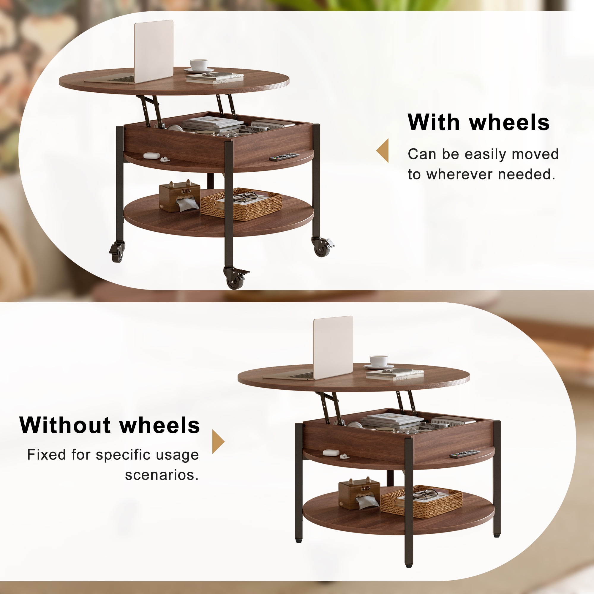 GUNAITO Round Small Lift Top Coffee Table on Wheels with Storage, Modern Farmhouse Center Table with Shelf Small Circle Table for Living Room, Walnut