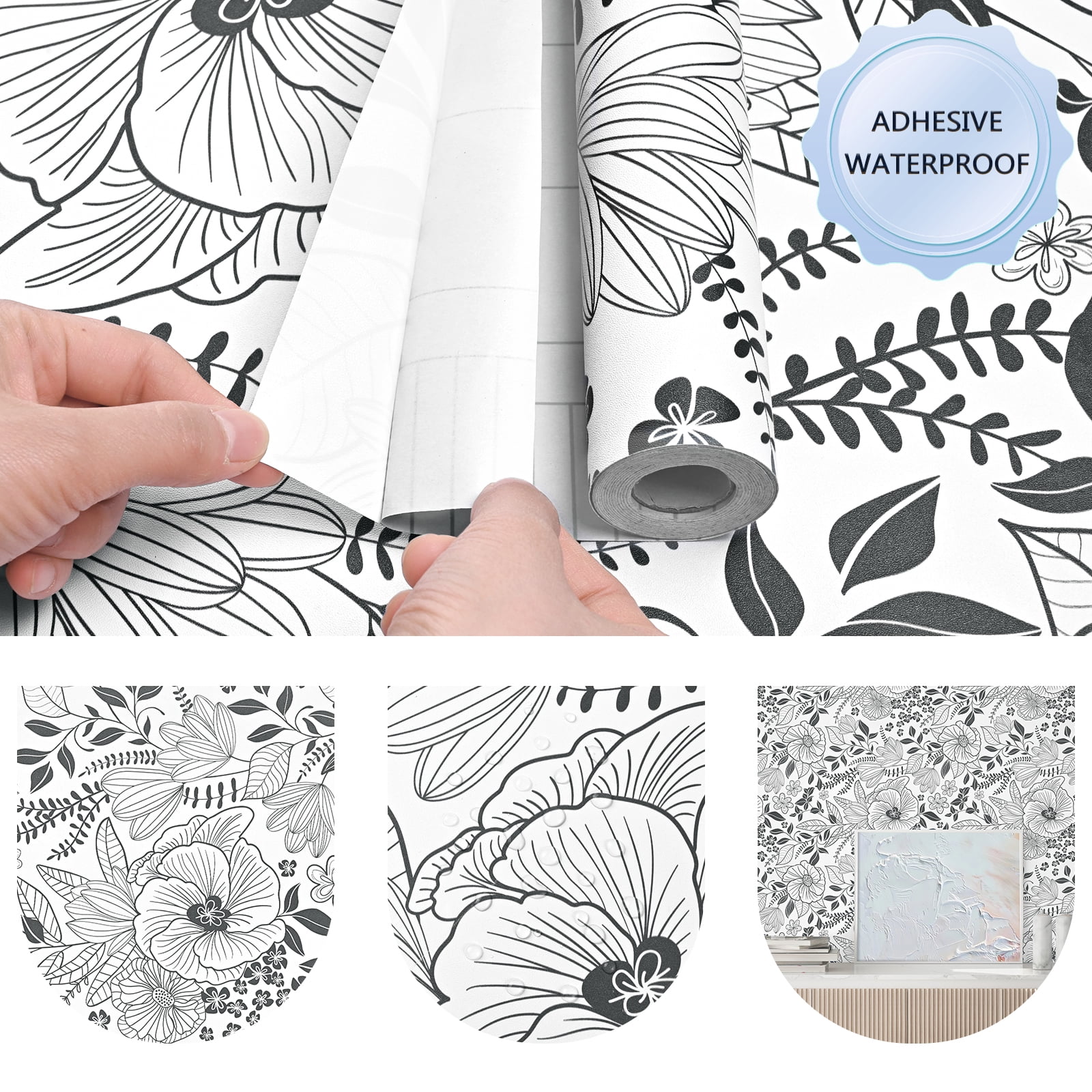 DAZLUTE Peel and Stick Removable Wallpaper White Black Floral Contact Paper Wallpaper,17.72" x 118"