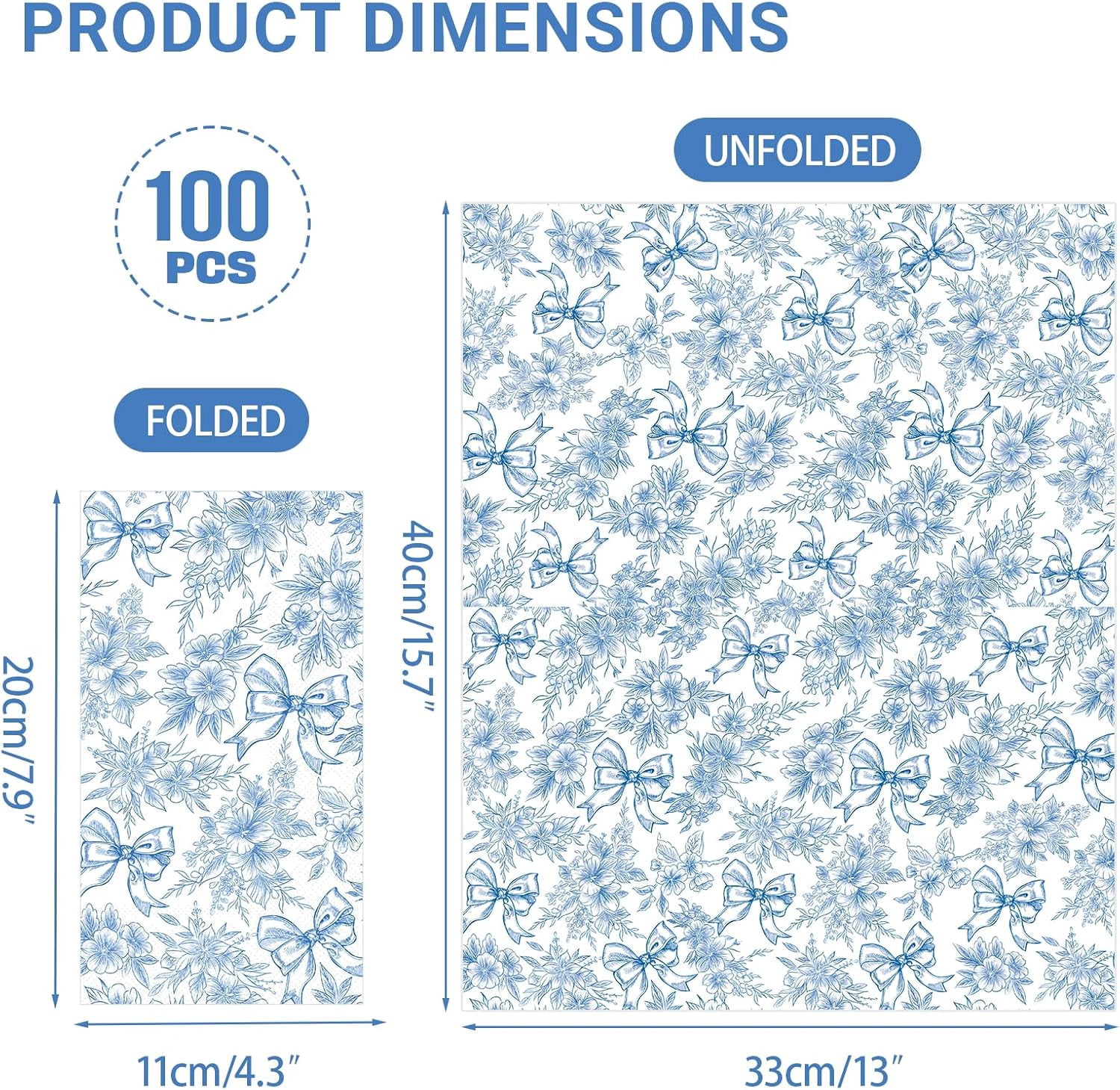100 PCS Blue Napkins Disposable, Blue Floral Napkins, 3 Ply Printed Decorative Flower Guest Napkin, Chinoiserie Napkin, Bridal Shower Wedding Decorations, Birthday Table Party Supplies