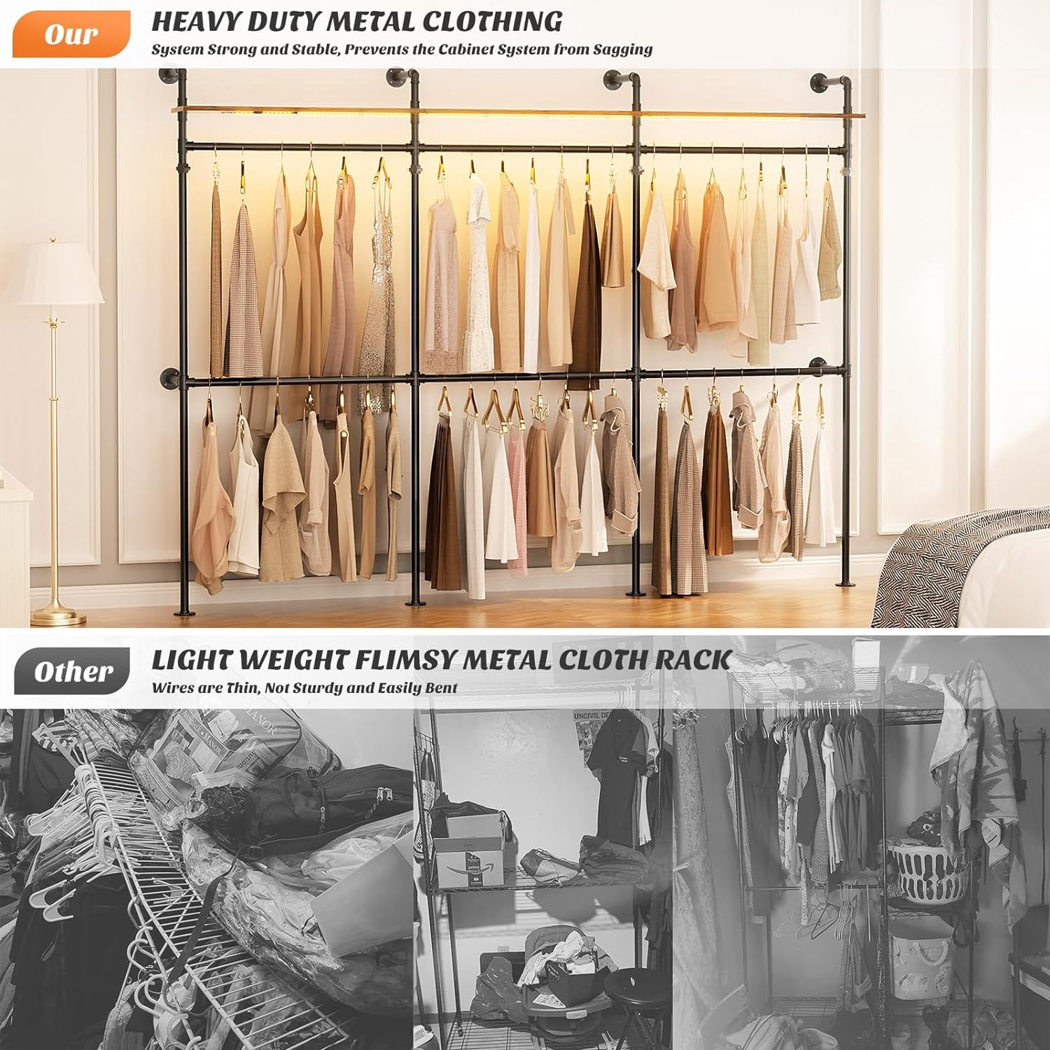 Homieasy Industrial Pipe Clothing Rack, Heavy Duty Garment Rack Closet Wardrobe Rack with LED Lights& Shelves, Rustic Brown