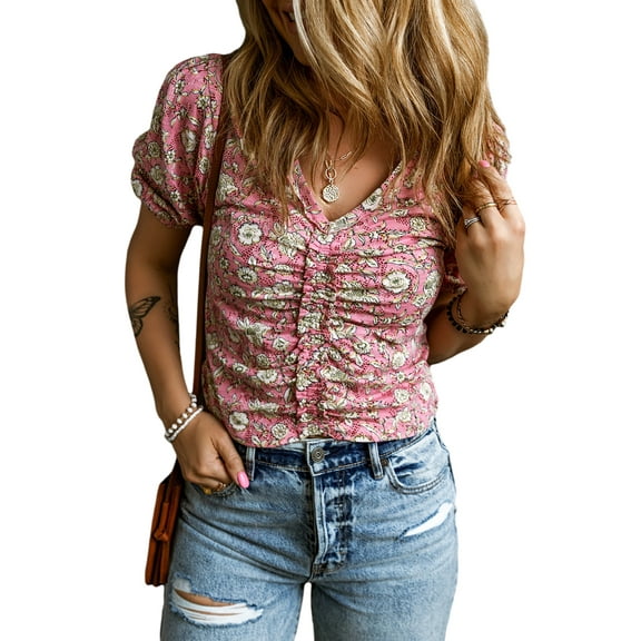 Women's Pink Floral Short Puff Sleeve V Neck Ruched Blouse