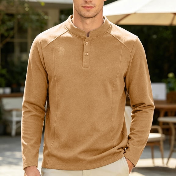 Ceisia Men's Fleece Henley Shirt Stand Collar Button Up Long Sleeve Casual Solid Color Pullover Top Gold XL Gift