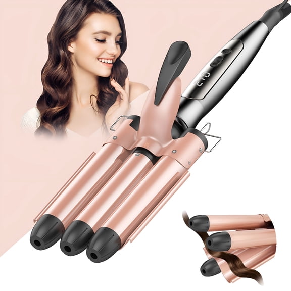 HIBIBUD 3 Barrel Hair Curling Iron Wand, Ceramic Tourmaline Triple Barrels, Dual Voltage Hair Crimper Temperature Adjustable 25mm Hair Crimper, Hair Waving Styling Tools for Women (Rose Gold)